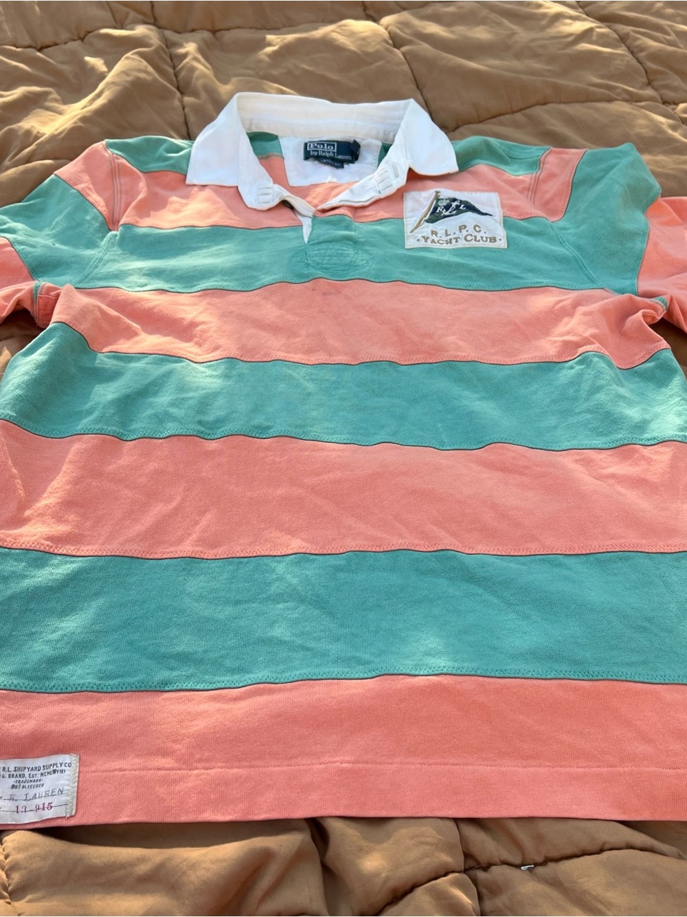 VTG Polo Ralph Lauren Yacht Club Coral/Seafoam Striped Rugby Polo Short Sleeve